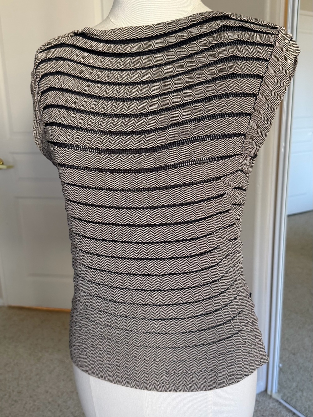 Giorgio Armani Woven Striped Cap-Sleeve Top in Beige and Black